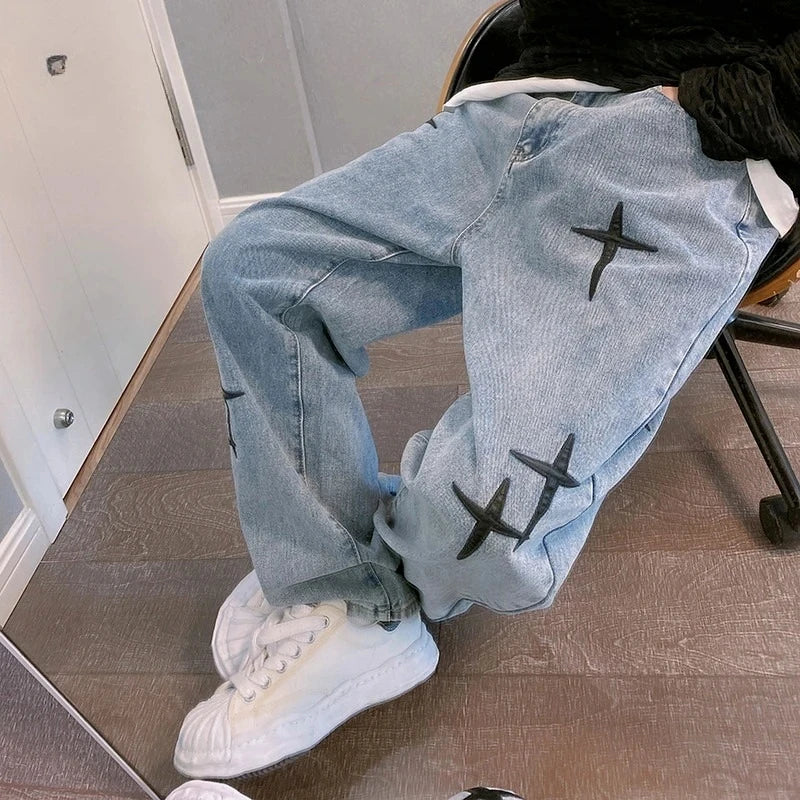 New Baggy Men's Jeans Embroidery Fashion Loose Denim Pants Streetwear Hip Hop Straight Wide Leg Trousers Casual Men Clothing