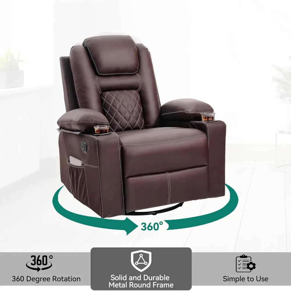 Swivel Rocker Recliner Chair with Massage & Heat, 360° Rotation Rocking Recliner, Faux Leather Manual Recliner with Cup