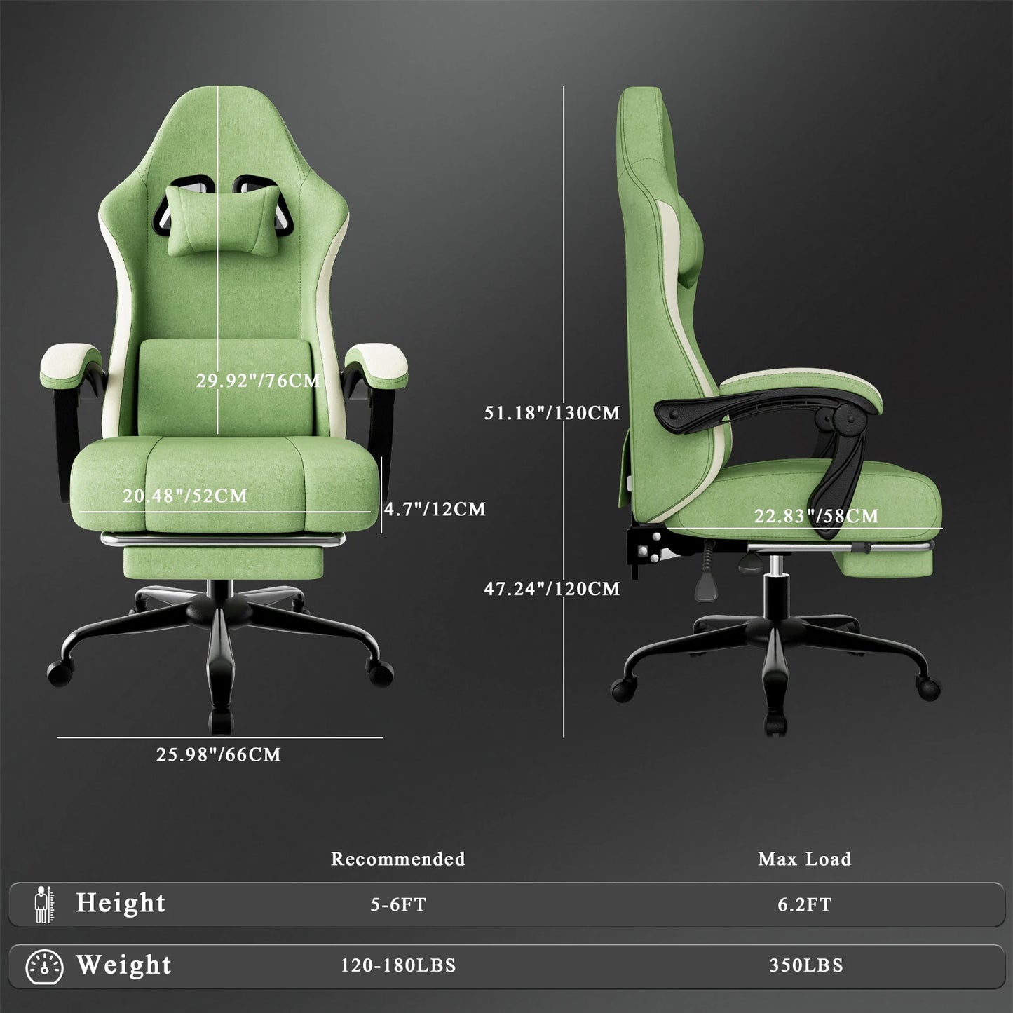 Ergonomic Gaming Chair with Pocketed Spring Cushion, Breathable Fabric Computer Chair with Footrest, Adjustable Lumbar Support V