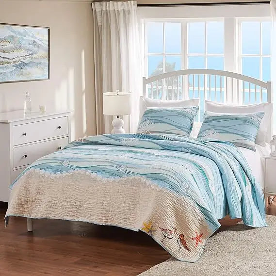 Home Maui Embroidered Coastal Quilt Set, Full/Queen (3-Piece)