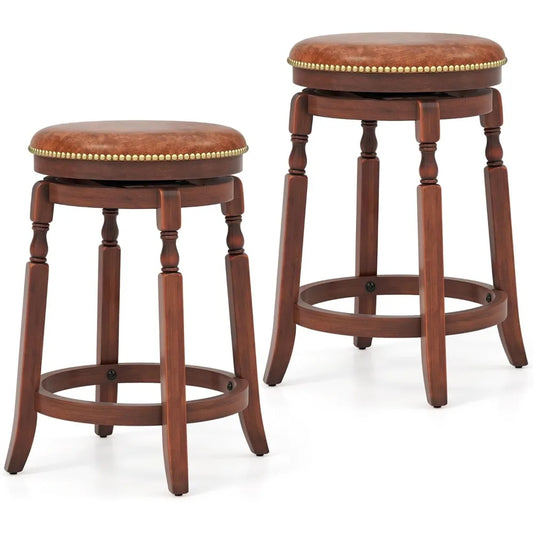 24" Swivel Bar Stools Set of 2, Farmhouse Counter Height Stools with Upholstered Seat & Rubber Wood Frame, Round Backless Kitch