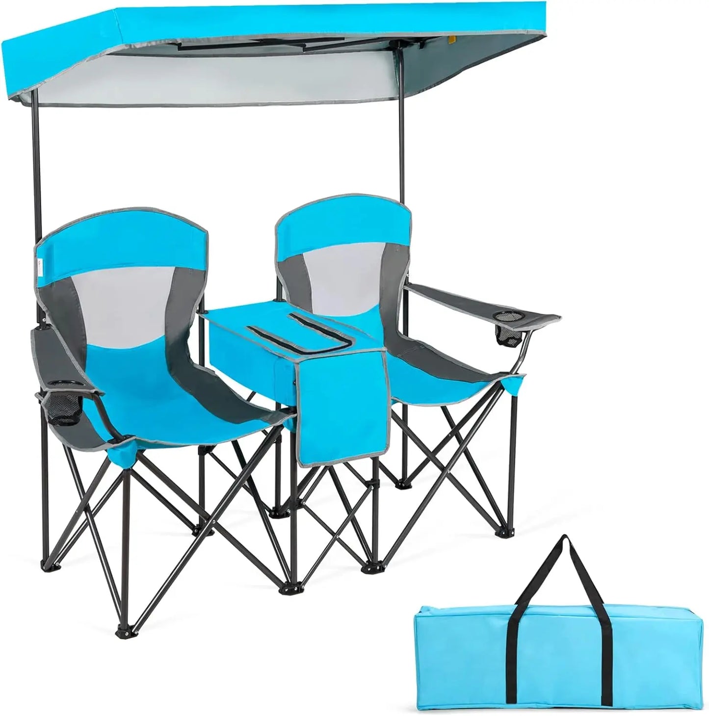 Camping Chair with Adjustable Shade Canopy, Portable Beach Chair with Cooler Bag, 2 Cup Holders, Carrying Bag