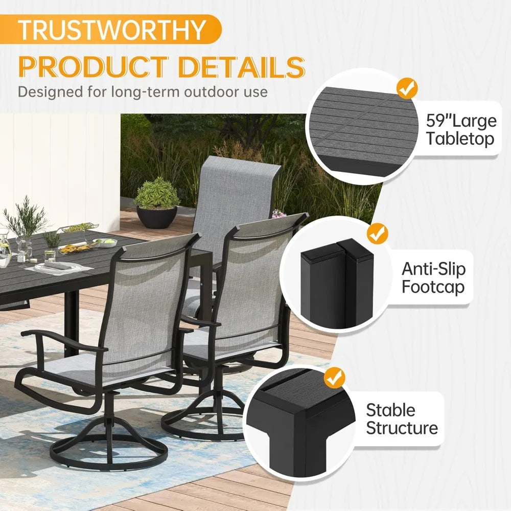 7-Piece Outdoor Patio Dining Set with 6 Swivel Patio Chairs and 59"x 35" Rectangular Dining Table, All Weather Patio Dining