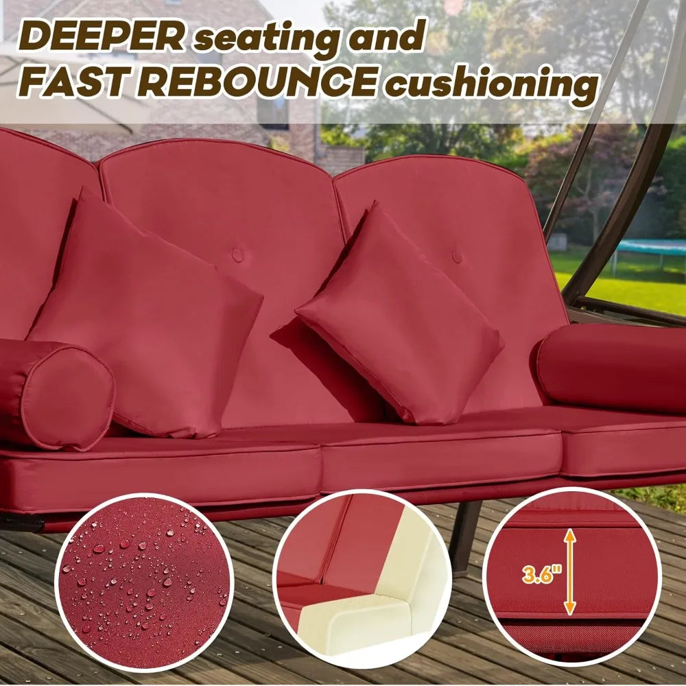 3 in 1 Outdoor Porch Swing with Adjustable Canopy, 3 Seat Outdoor Swing for Adults, Patio Swing Chair with Thickened Cushions,Pi