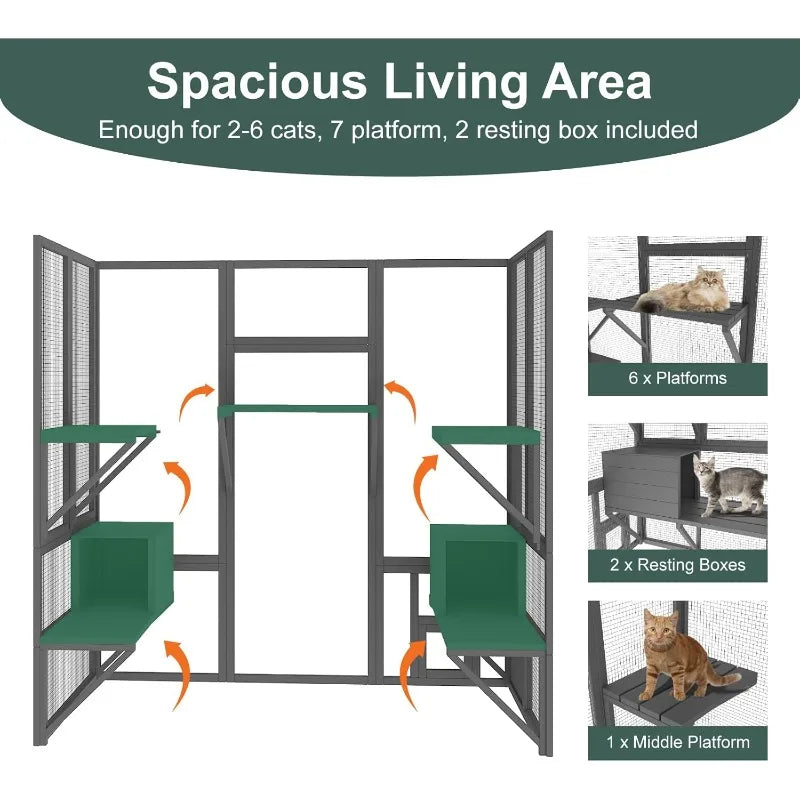 Outdoor Cat Enclosure, Large Cat House for Mulitiple Cats Walk in Cat Cage with Waterproof Cover and Sunshine Panel Roof, Feral