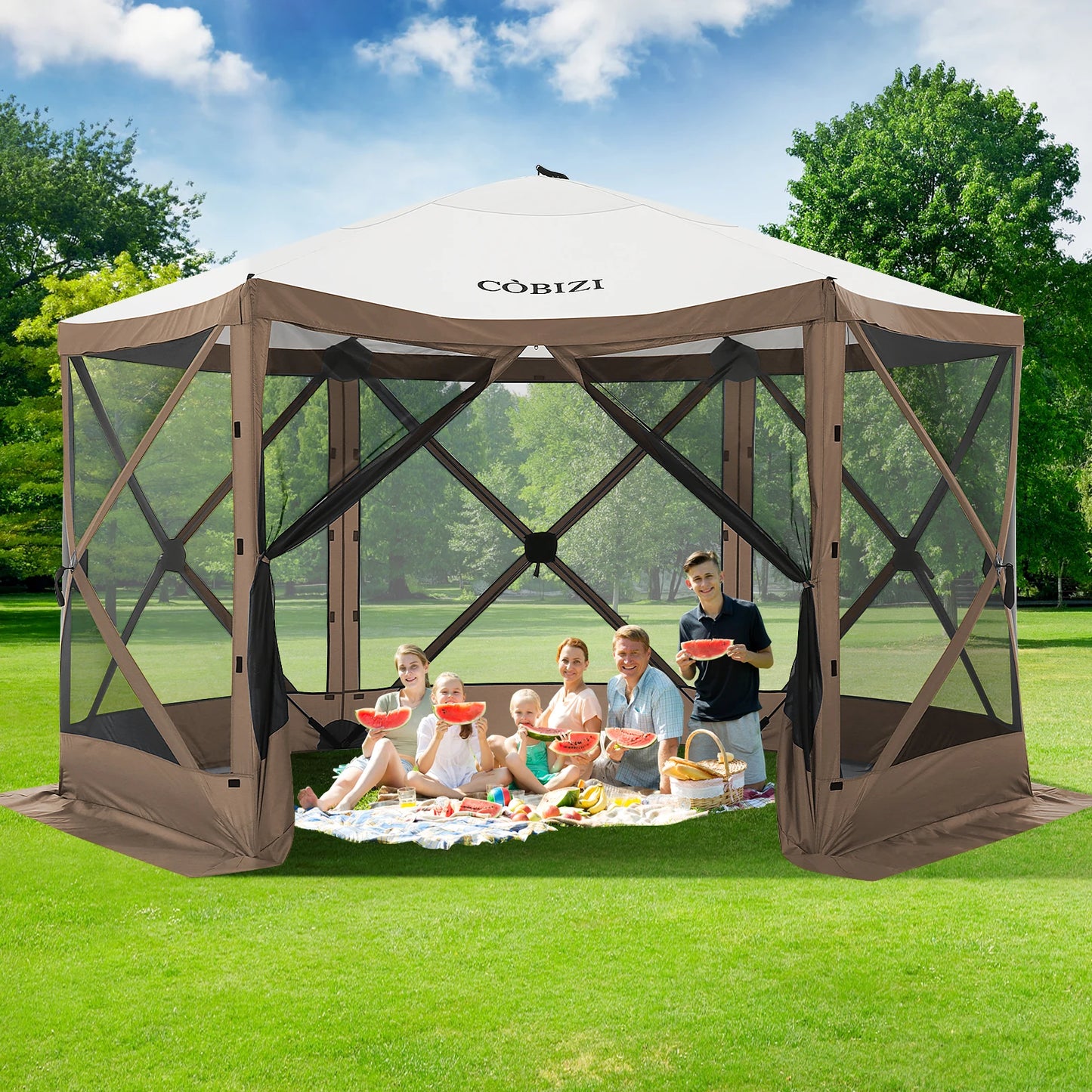 12x12ft Pop up Gazebo Screen House Tent with Mosquito Netting, 6 Sided Pop-up Canopy Shelter Tent Easy-Set Portable Gazebo