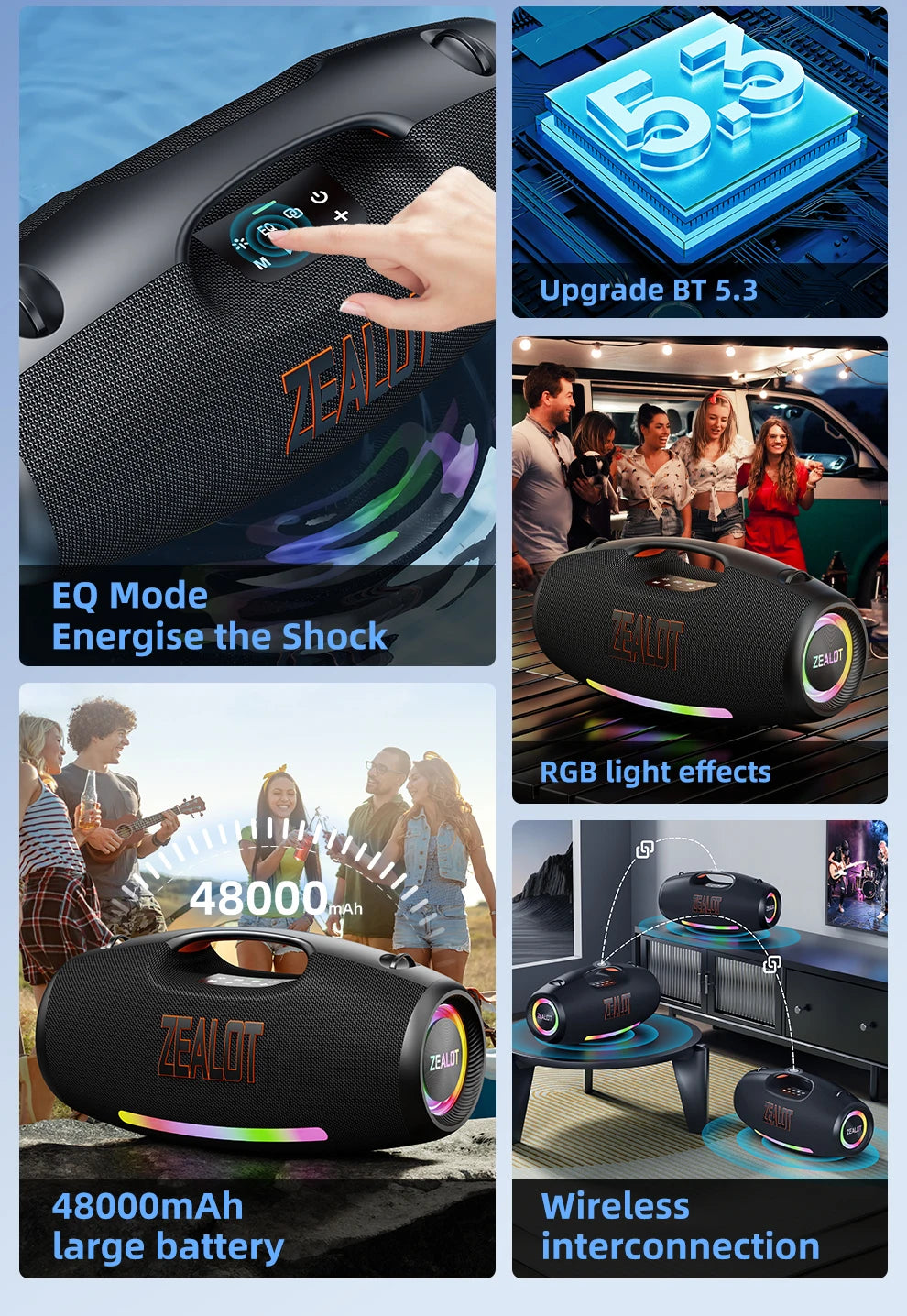 Zealot S89 250W Portable Bluetooth Speaker High Volume Waterproof 48000mAh Wireless TWS Subwoofer Suporrt USB/TF/AUX RGB light.