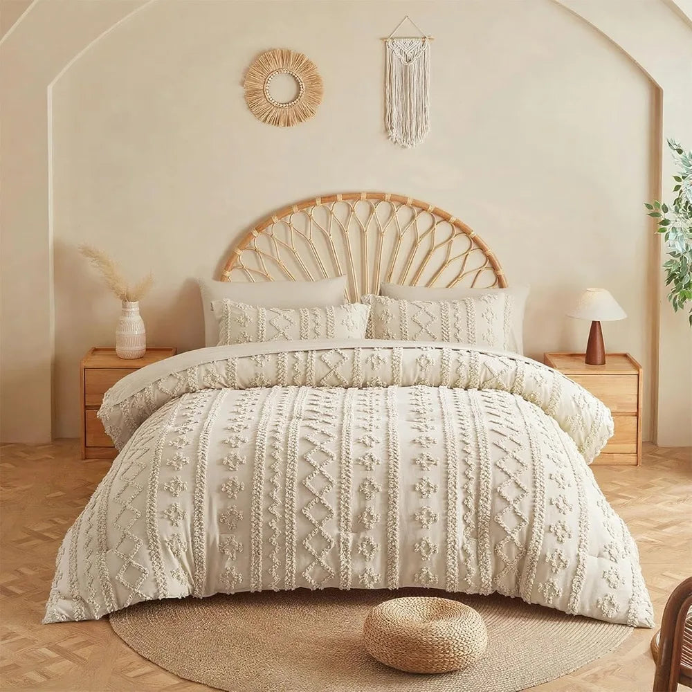 Beige Comforter Set Queen, Tufted Boho Bedding Set, Farmhouse Bed in a Bag Set 7 Pieces with 1 Comforter, 2 Pillow Shams
