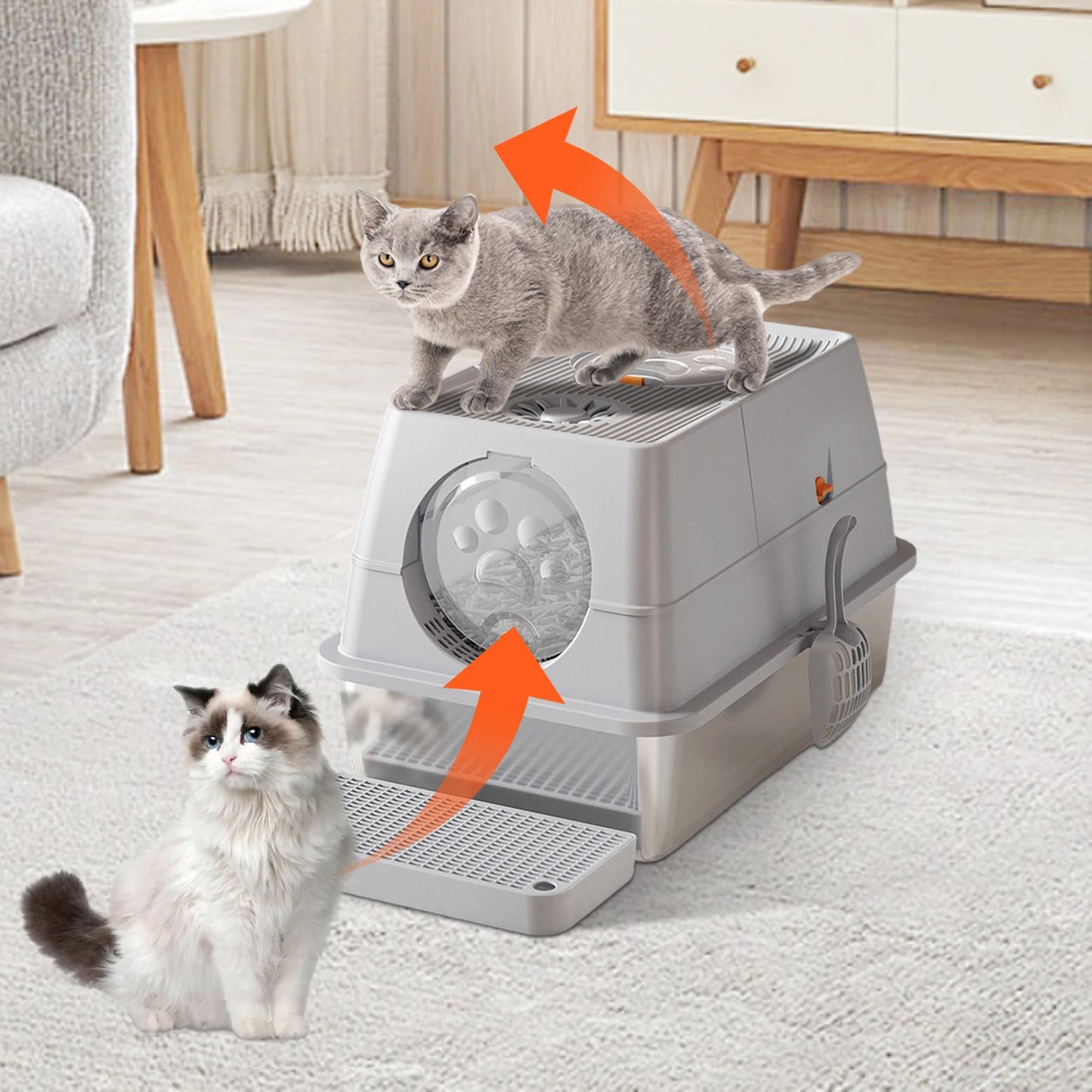 Stainless Steel Cat Litter Box, High Sided Enclosure Cat Toilet With Lid, Front And Top Door, Sand Filter Pedal & Litter Scoop