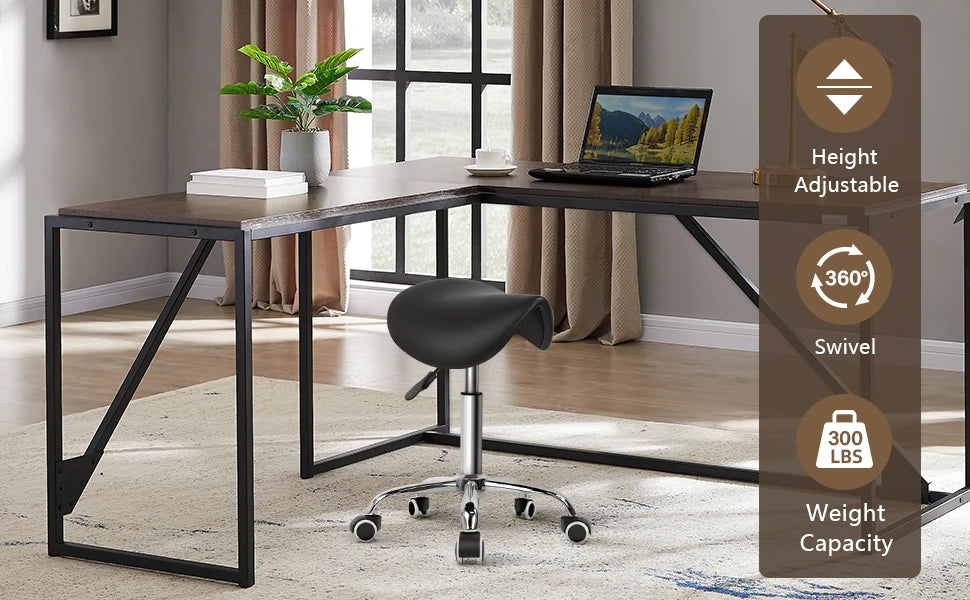 KKTONER Rolling Saddle Stool PU Leather Swivel Adjustable Rolling Stool with Wheels Salon Chair Black