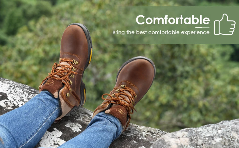 Zoleker Hike Boots for Men,Soft Toe, Slip Resistant Safety Shoes, Waterproof Anti-Fatigue Brown