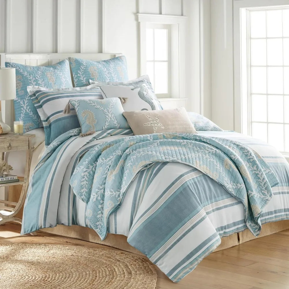 Blue Teal Taupe Striped Twin Comforter Set with Standard Pillowcase for Comfortable Sleep