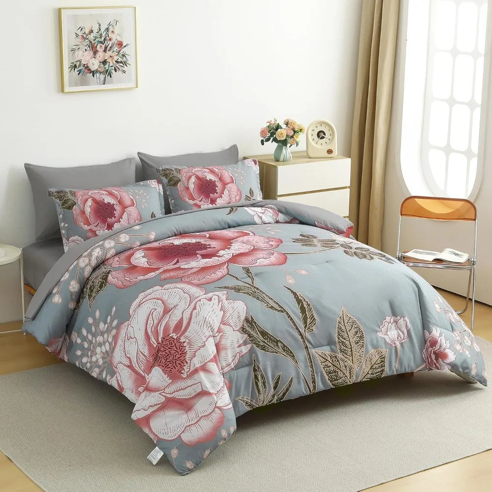 Floral Comforter Set King Size 7 Pieces Bed in a Bag, Pink Flower Print on Gray Bedding Set, Soft Microfiber Bedding Set