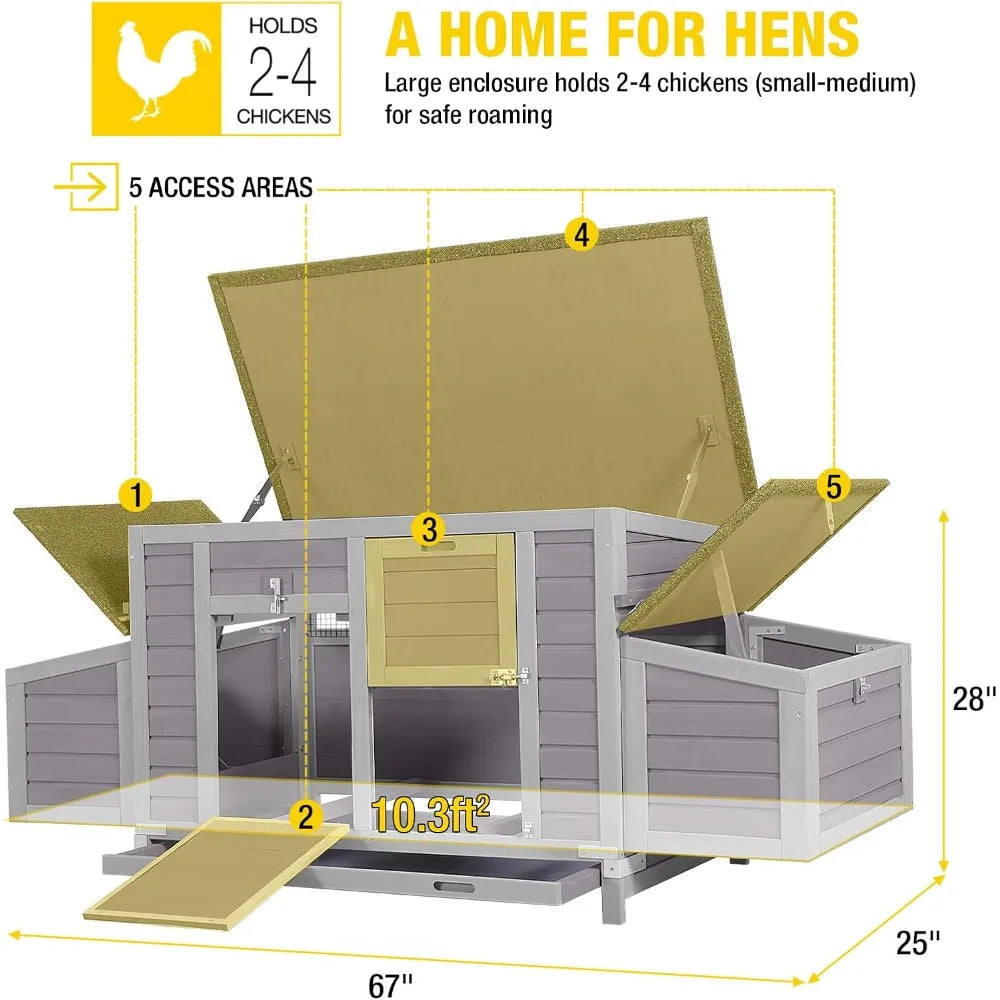 Chicken Coop 67.3" Large Duck House with 4 Nesting Boxes for 2-4 Chickens Outdoor Hen House Chicken Cage