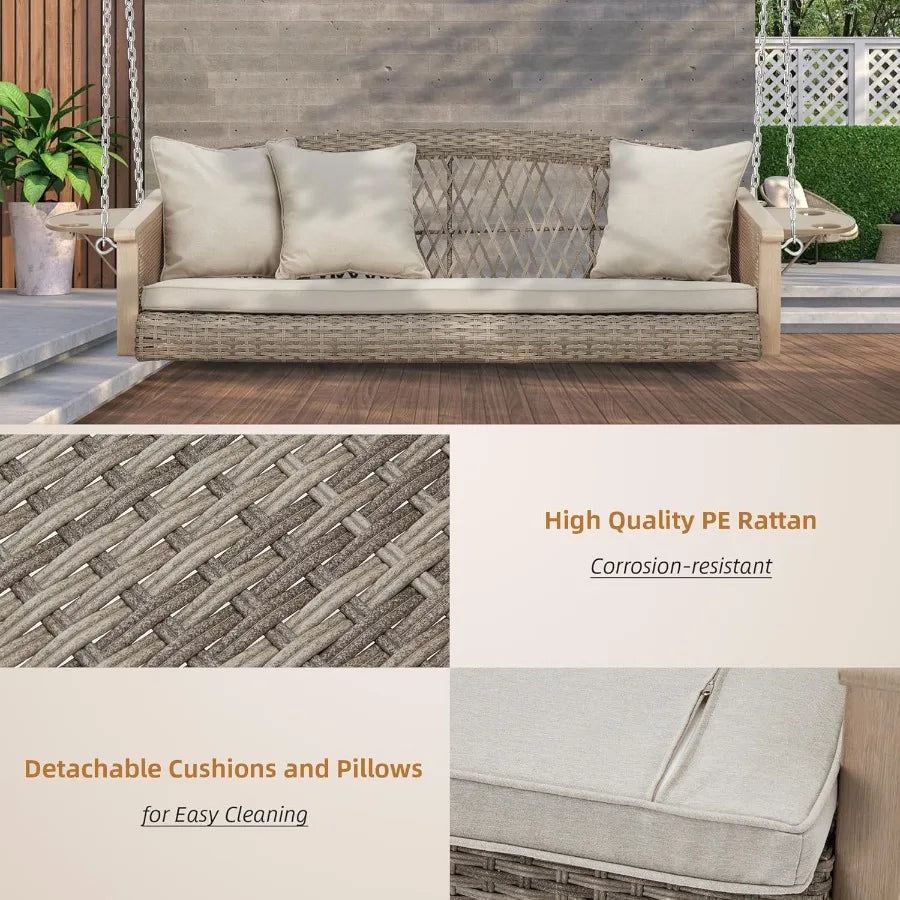 3Person Wicker Porch Swing with Upgraded Cup Holder 55 Inch Patio Hanging Swing Bench Chair with Cushions 900lbs Capacity Chain