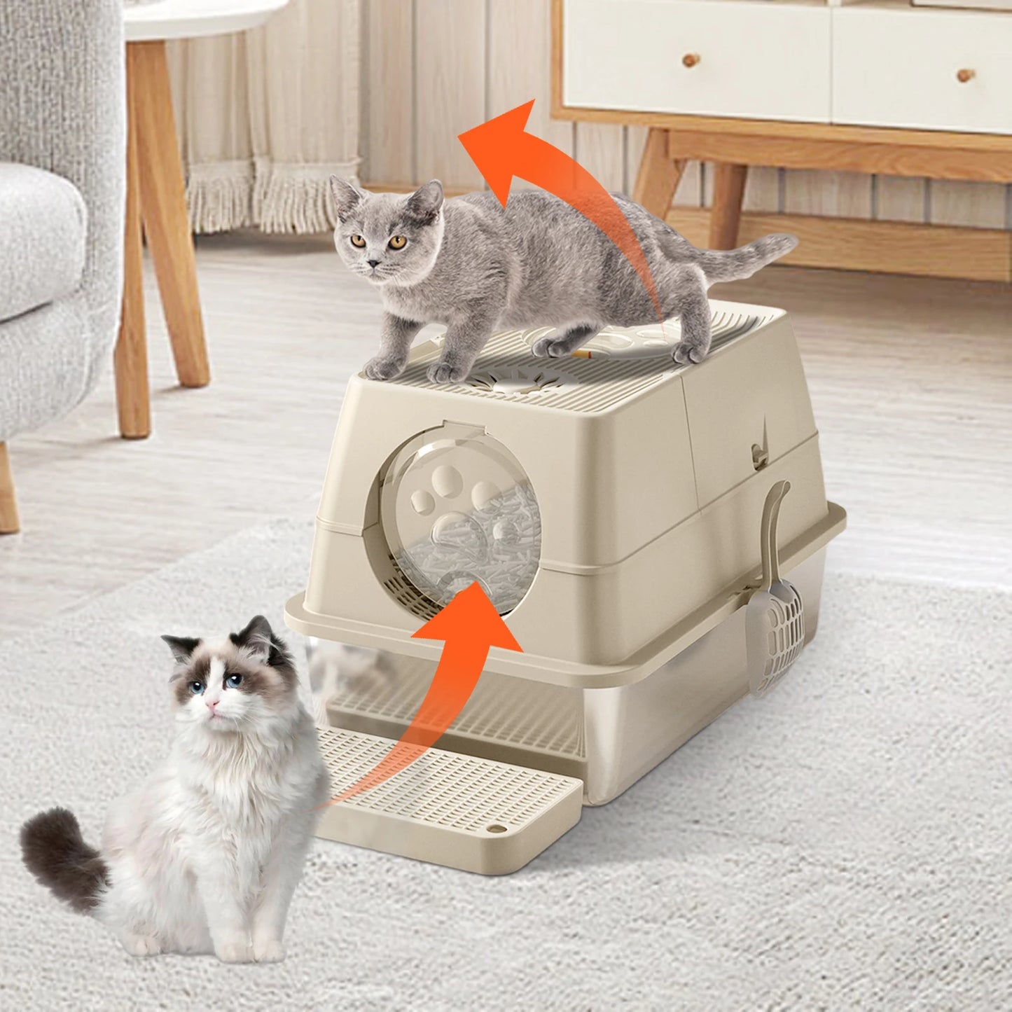 Stainless Steel Cat Litter Box, High Sided Enclosure Cat Toilet With Lid, Front And Top Door, Sand Filter Pedal & Litter Scoop