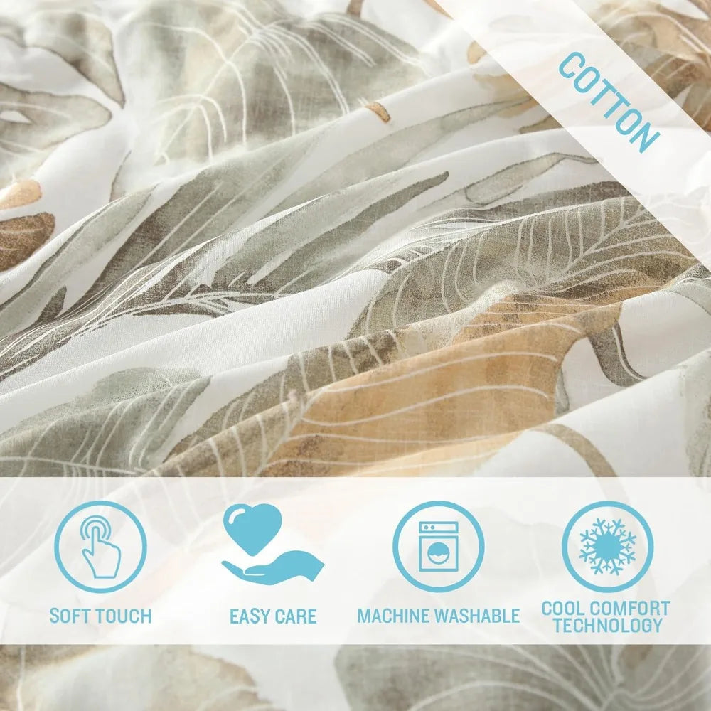 Luxurious Cotton Duvet Cover Set with Matching Pillow Shams, Tropical Style Bedding Ensemble in Solid Color (Coastal, Raw)