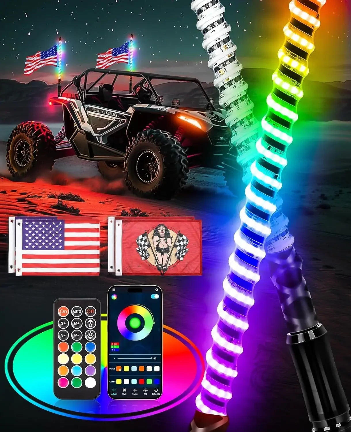 2PCS 2ft LED Whip Lights For UTV Colorful RGB Chasing/Dancing Light RGB Chasing Lighted Antenna Whips For ATV Truck