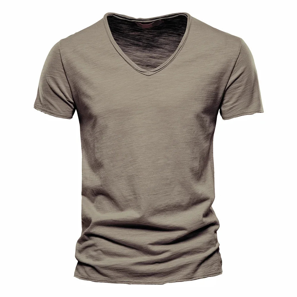 Brand Quality 100% Cotton Men T-shirt V-neck Fashion Design Slim Fit Soild T-shirts Male Tops Tees Short Sleeve T Shirt For Men