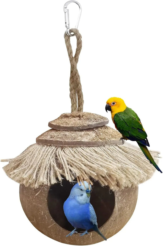 Coconut skin with rings, natural coconut fiber hanging birdcage, parrot coconut shell breeding house