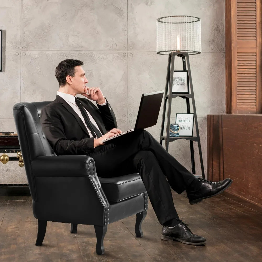 PU Leather Accent Chair, Modern Armchair Living Room Chair, Upholstered Club Chair with Rivet Trim,Mid-Century Sofa Chair