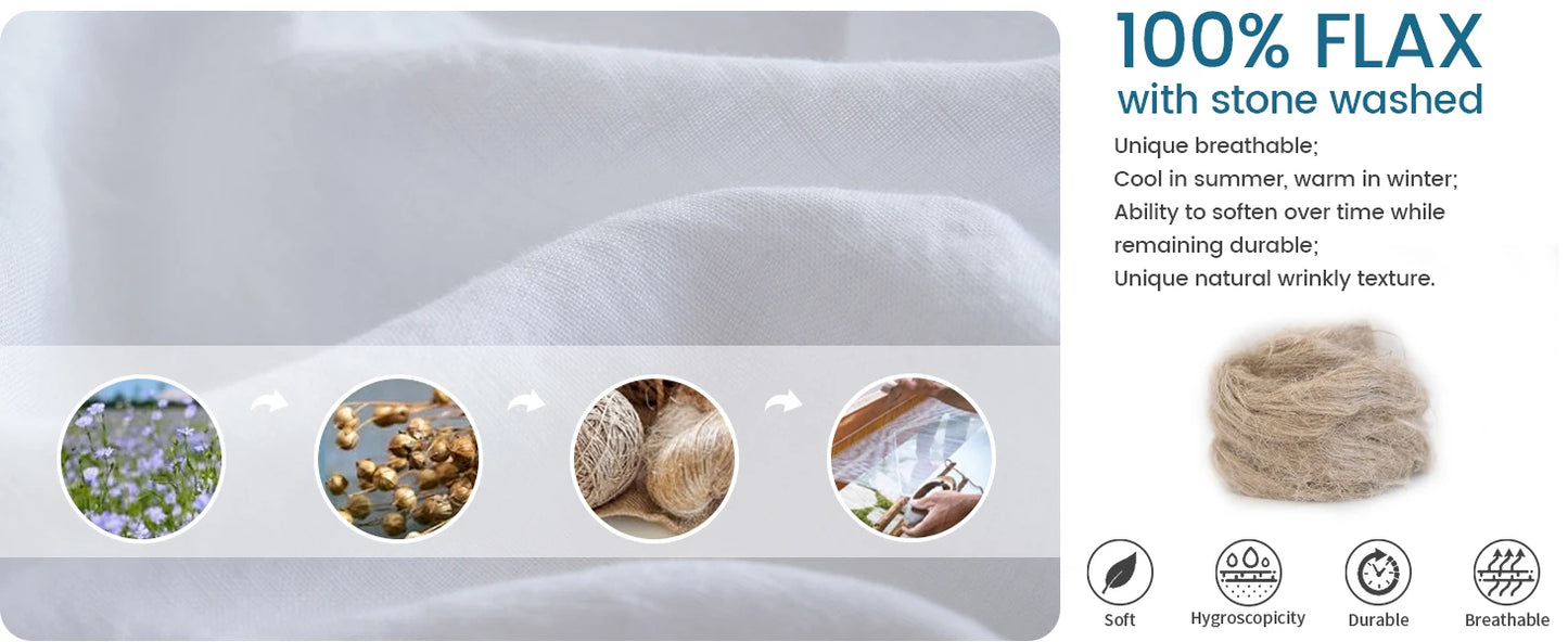 Simple&Opulence 3/4 Pcs 100% Bed Linen Sheet Set Embroidery Washed Natural French Flax Soft Breathable Comforter Sheets Sets