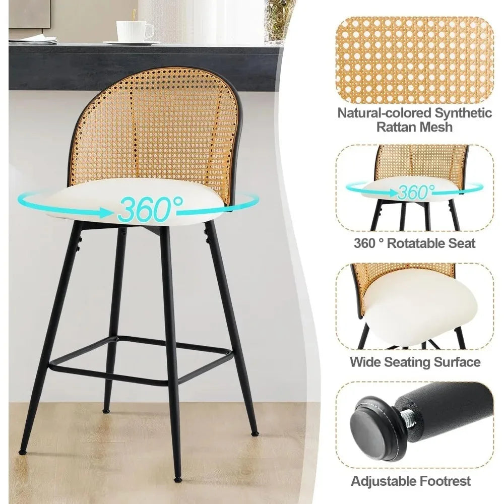 Counter Height Bar Stools Set of 2, 360° Swivel Upholstered Barstools with Rattan Full Back & Metal Legs, PU Leather 26" Mid