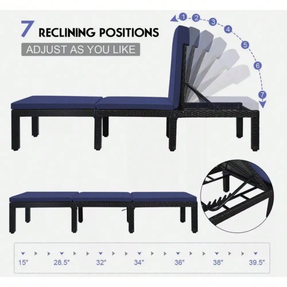 Patio Lounge Chair Rattan Chaise w/ Adjustable Navy & White Cushioned