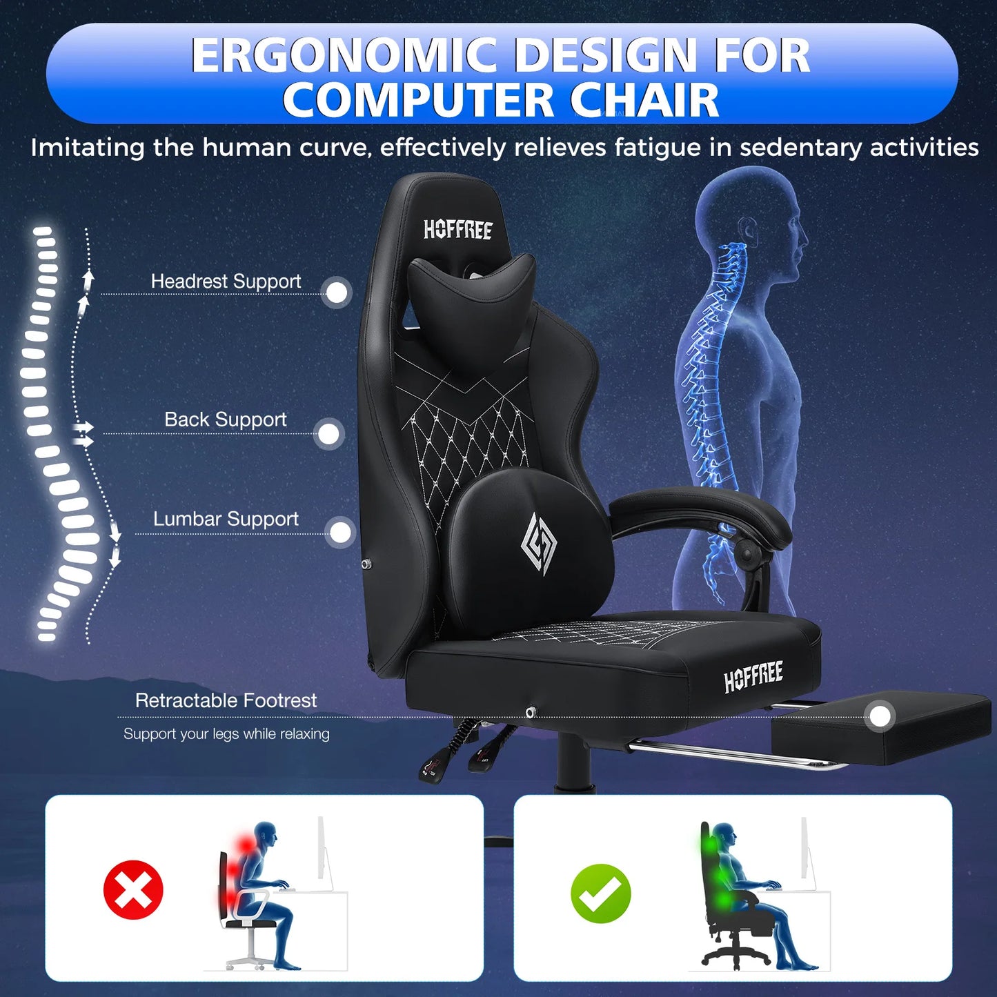 Leather Gaming Chair with Footrest Bluetooth Speaker Dual Function Massage Height Adjustable Recliner Computer Office Chair Sofa