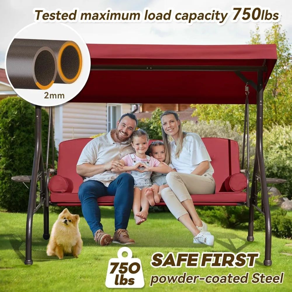 3 in 1 Outdoor Porch Swing with Adjustable Canopy, 3 Seat Outdoor Swing for Adults, Patio Swing Chair with Thickened Cushions,Pi
