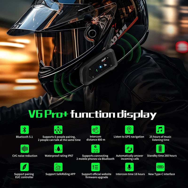 EJEAS Only Official Oversea Store V6PRO+ Motorcycle Intercom Helmet Bluetooth5.1  Headset 6 Riders 800m Communicator Waterproof