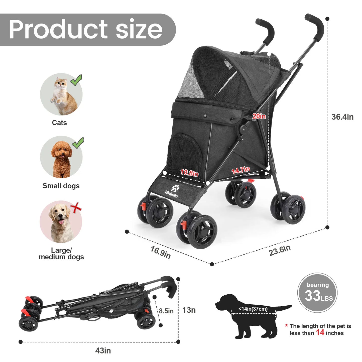 Pet Dog Stroller 4 Wheels Puppy Stroller Rotate with Brakes Storage for Dogs Cats Travel Pet Suplies Outdoor 애완견 유모차