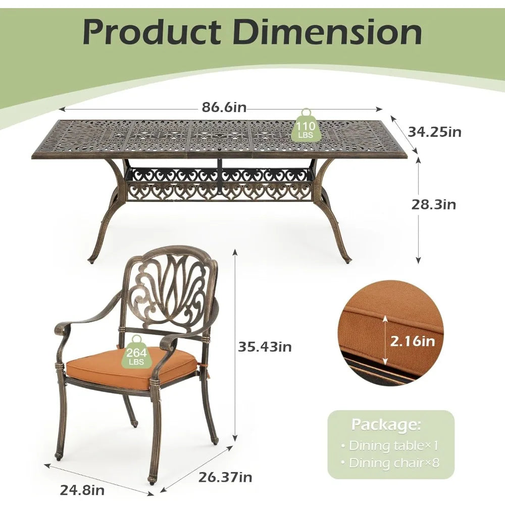All Aluminum Patio Furniture Set: 9-Piece Outdoor Dining Set with 8 Cushioned Dining Chairs,Metal Patio Furniture set,