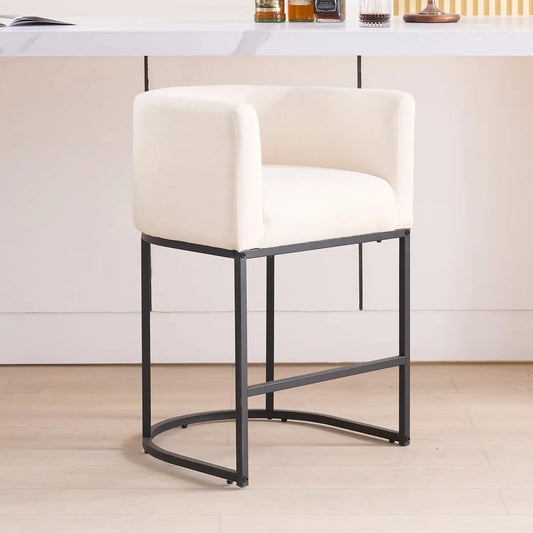 26" H Counter Height Bar Stools Modern Barrel Counter Stools with Backrest and Arms, Black Metal Frames,Fabric