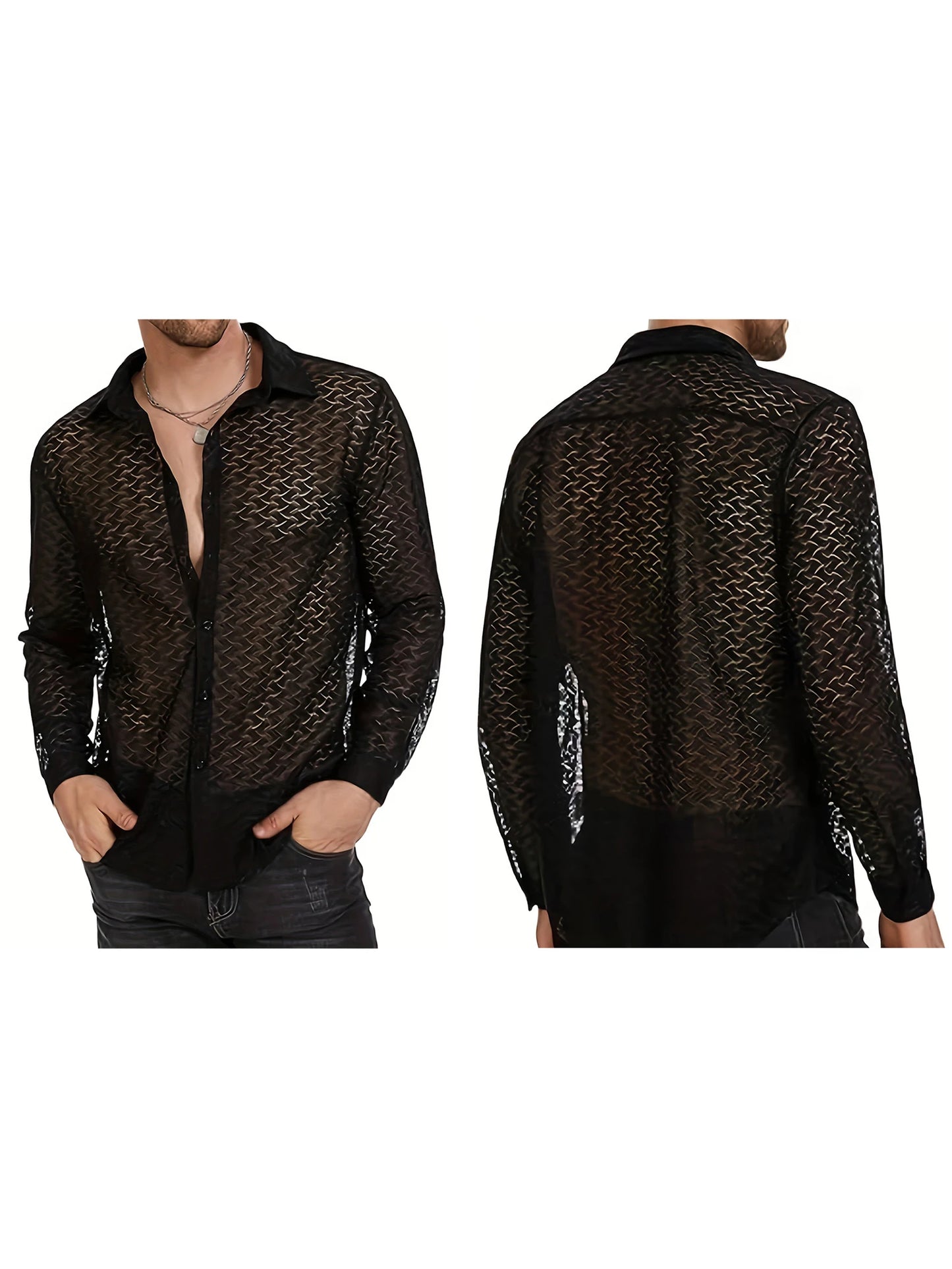 Men s Mesh Panel Shirt with Sheer Lace Detailing and Lapel Neckline Long Sleeve Button-up Top for Casual Streetwear Fashion