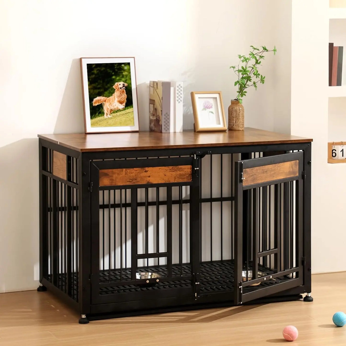 48 Inch Heavy Duty Dog Crate Furniture with Removable Tray & 2 Feeders, Decorative Pet House End Table, Extra Large Wooden