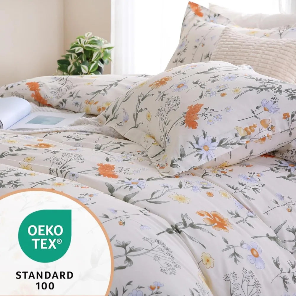 100% Cotton Duvet Cover Queen Size, Floral Reversible Duvet Cover Set with Zipper Closure, Soft 3 Pieces Bedding Set with 2 Pill