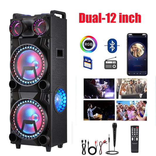 9500W Portable Bluetooth Party Speaker Karaoke Sound System Heavy Bass Rechargeable Dual 12 Inche Subwoofer Led Light with Mic