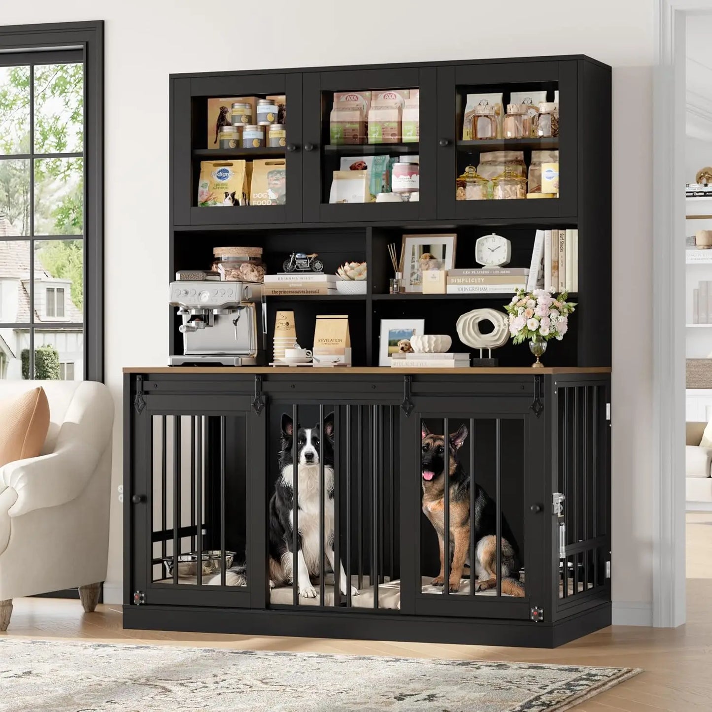 Dog Crate Furniture for Large Dogs for 2 Pets with Divider, Front&Sides 4 Doors Dog Kennel with Feeding Bowls, Indoor Cage/Side