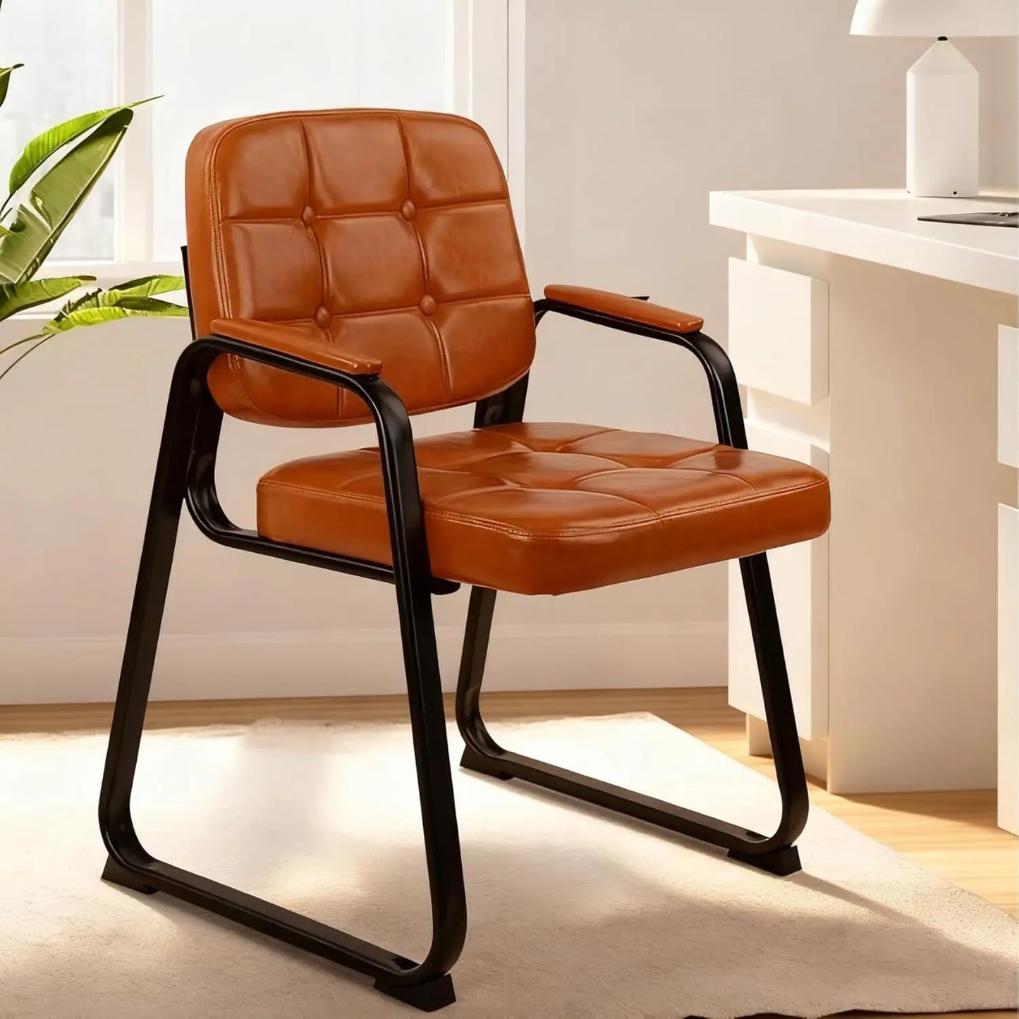 Waiting Room Chairs with Padded Arms Leather Guest Chair no Wheels for Office Reception and Conference Desk Black