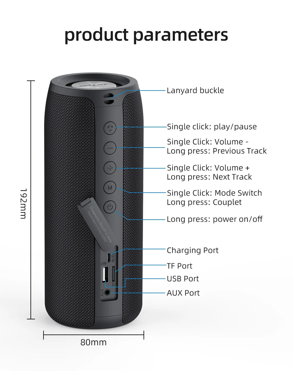 Zealot-Protable Bluetooth Speaker Enhanced Bass Portable Speaker with 12H Playtime,  IPX5 Waterproof for Camping