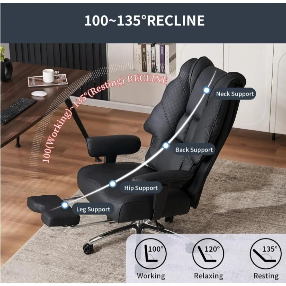 Leather High Back Executive Office Chair with Footrest, Ergonomic Chair Lumbar Support, Relieve Lower Back Pain (Black)