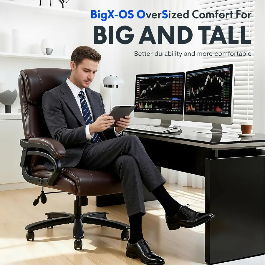 500LBS Big and Tall Office Chair Leather Brown Wide Big Seat Cushion High Back Ergonomic Chair with Adjustable Lumbar Support C