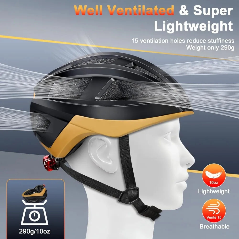 Bike Helmet Adult Men Women Lightweight Bicycle Helmet with USB Rechargeable LED Rear Light & Removable Liner, Breathable Bike H