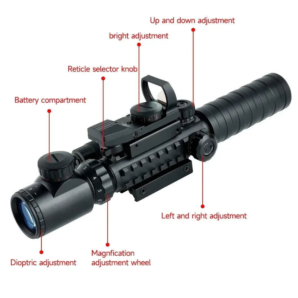 Tactical 3-9X32EG Riflescope Laser Red Dot 3 in 1 Combo Optic Sight Red Green Illuminated Reflex 4 Reticle Hunting Scope