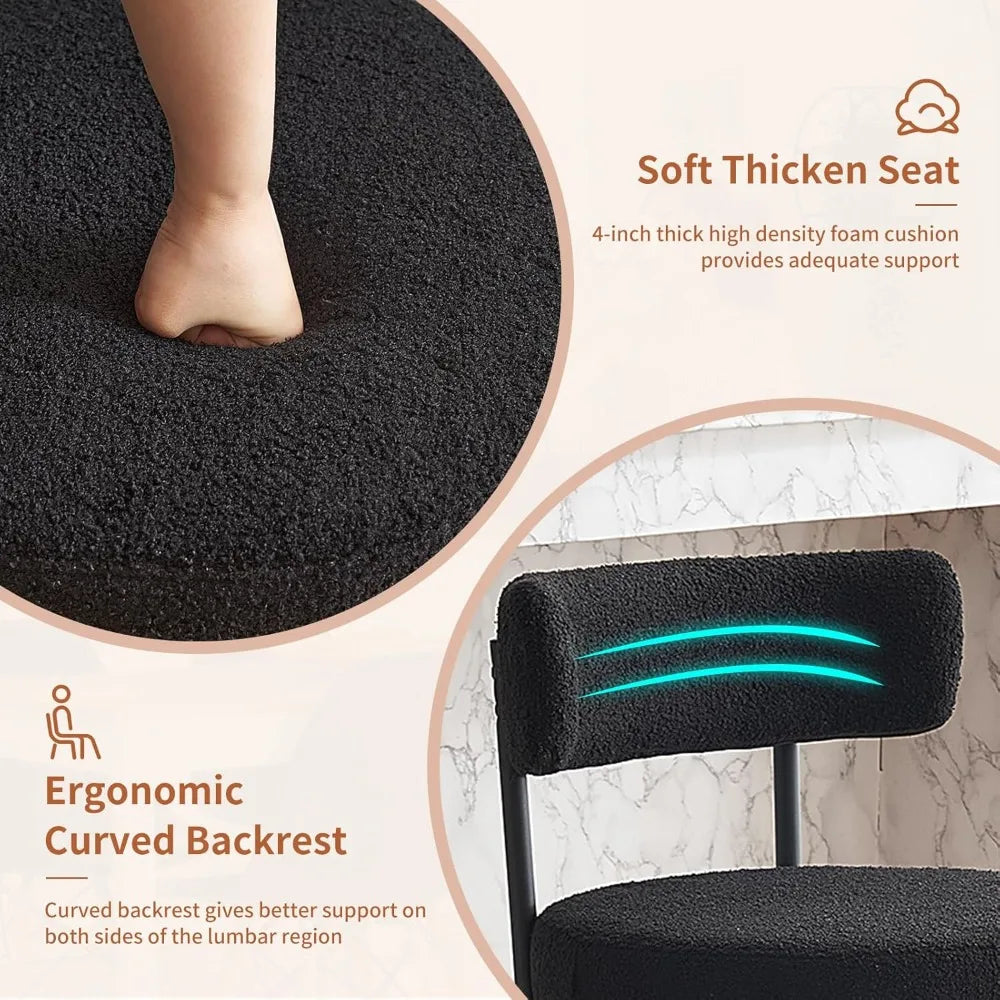 24'' Bar Stools Set of 2, Modern Boucle Counter Height Bar Stools with Curved Back and Black Metal Frame,