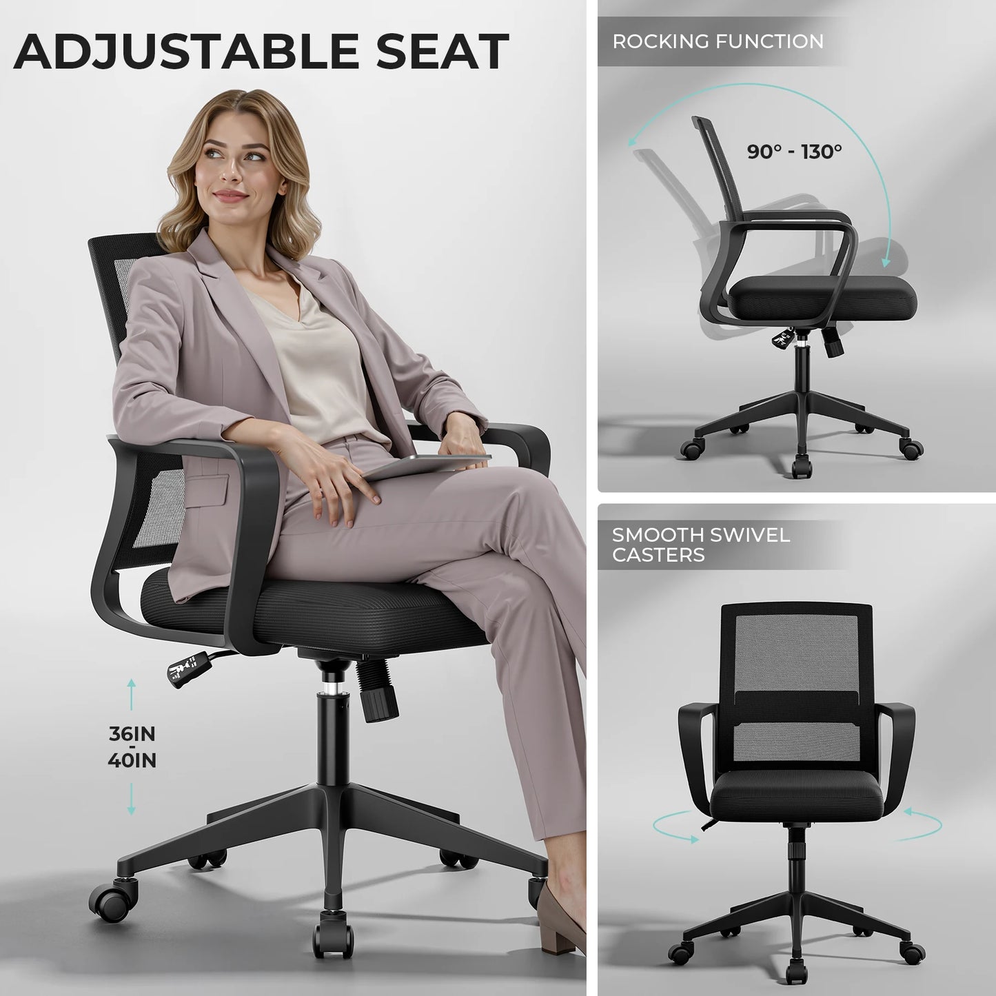 SUKIDA Mesh Office Chair, Ergonomic Desk Chair with Upholstery, Executive Chair with Armrests,Height-Adjustable Computer Chair