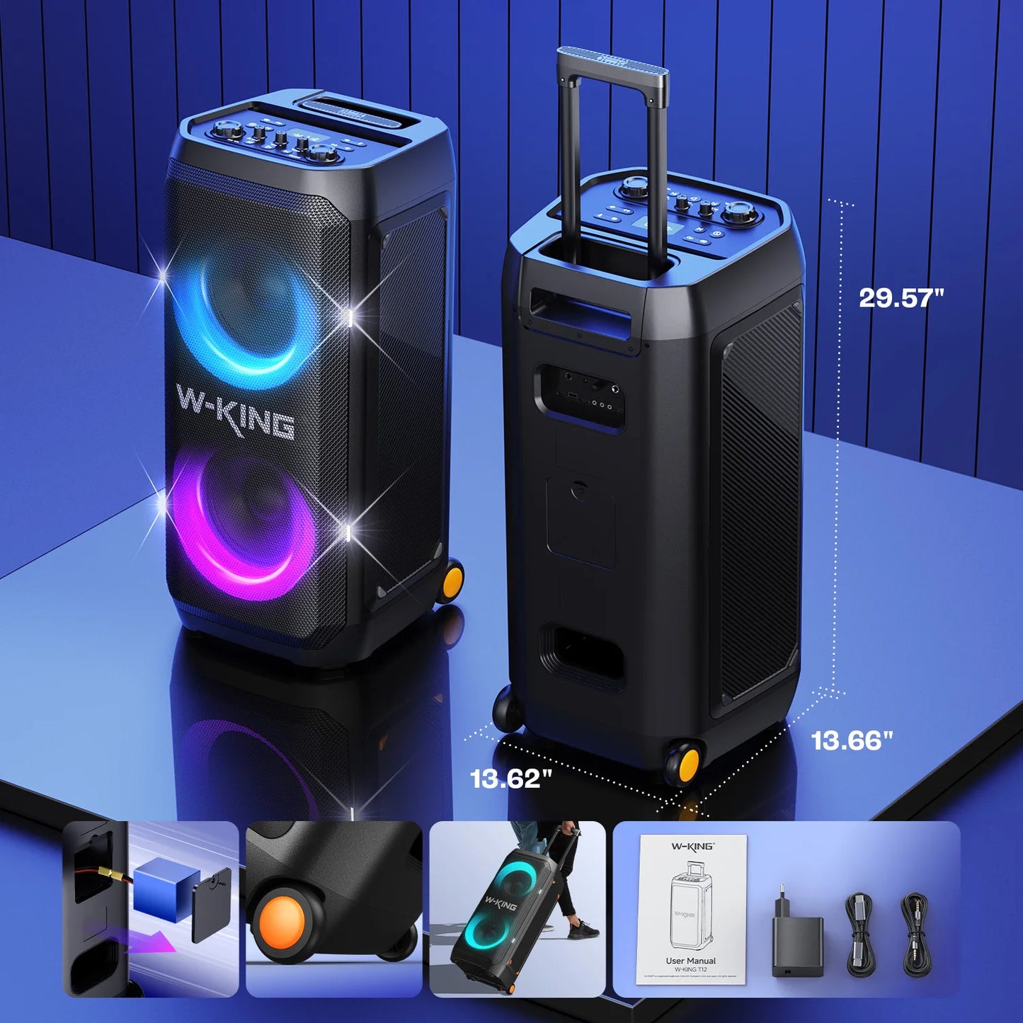 W-KING T12 Tragbare Bluetooth-Lautsprecher-Box mit 370W MAX Pro Sound, Lichtshow, CSB, Bass Boost, Rollen und Teleskopgriff