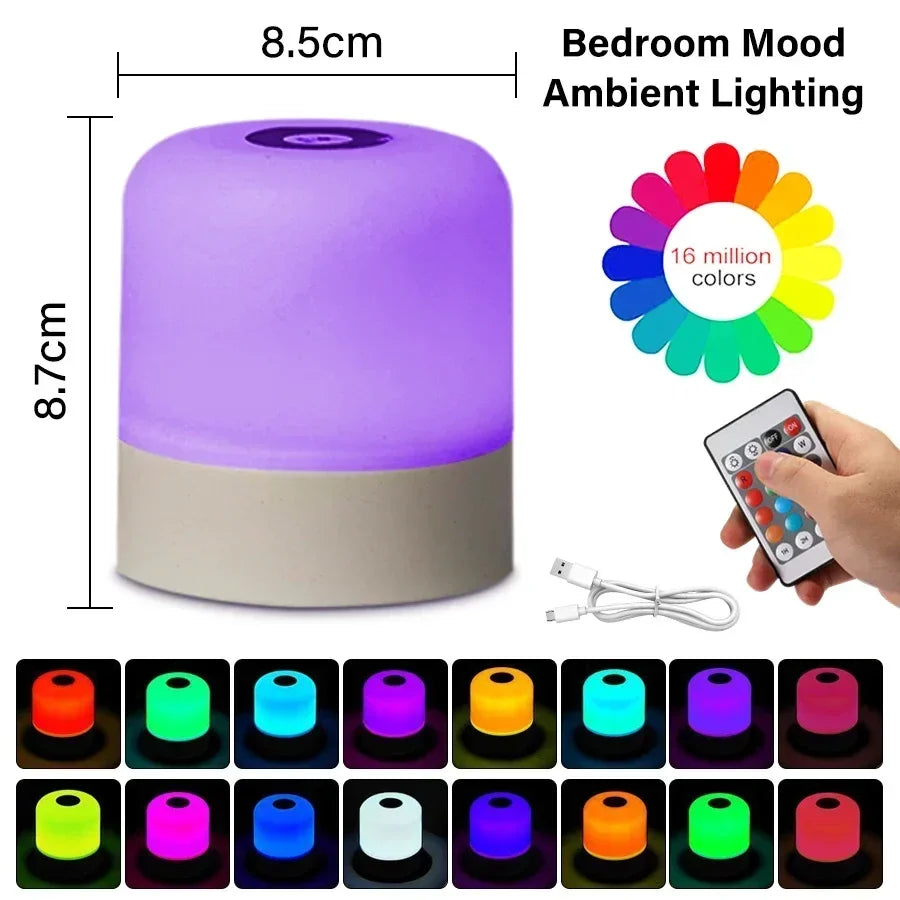 Rechargeable Led Night Light with Remote Control Touch Switch Table Lamp for Reading Bedroom White RGB Color Dimmable Portable