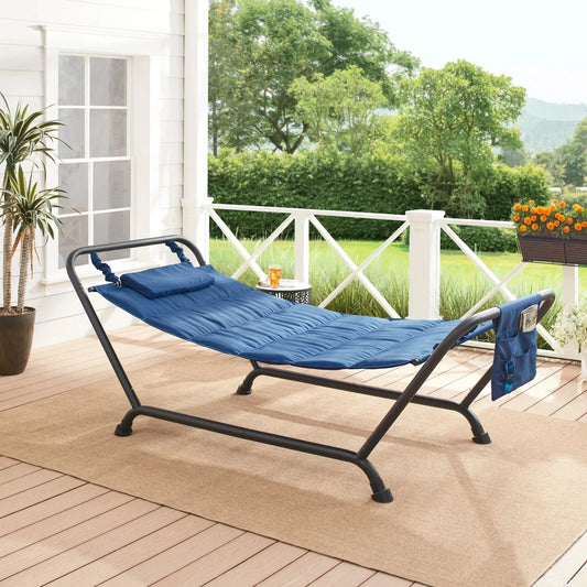 Polyester Hammock with Stand and Pillow for Outdoor , Multi color,Rust-resistant powder-coated steel frame